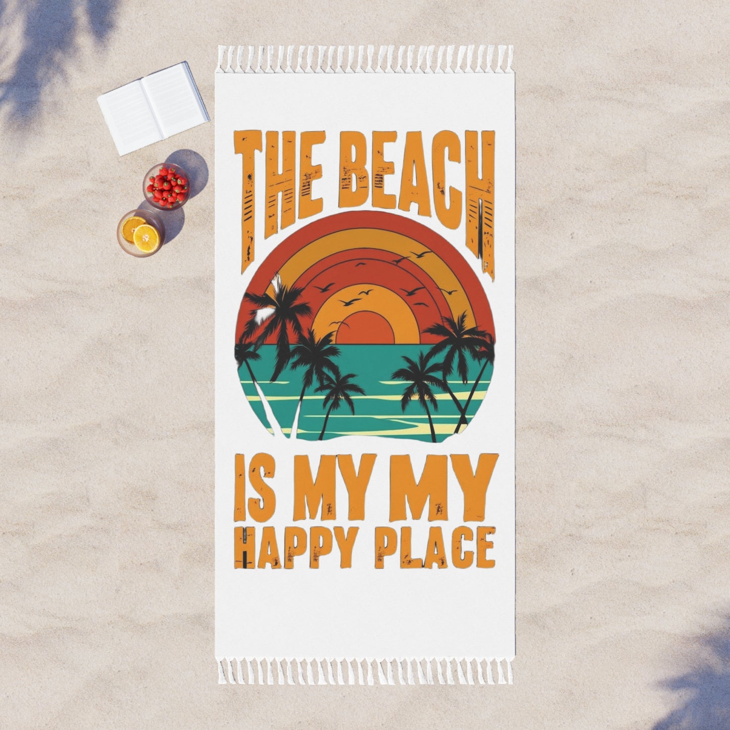 Boho Beach Towel - "The Beach is My Happy Place" | Summer Essential, Vacation Gear, Gift for Beach Lovers, Coastal Decor