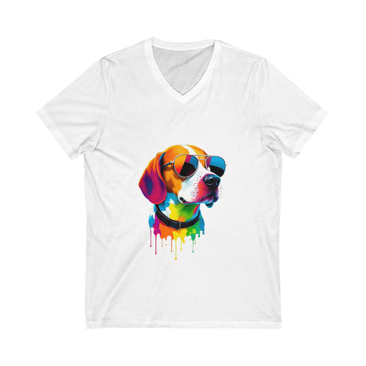 Colorful Dog Graphic V-Neck Tee - Fun Pet Lover Shirt, Gifts for Dog Owners, Unique Animal Art T-Shirt, Vibrant Casual Wear, Birthday Gift
