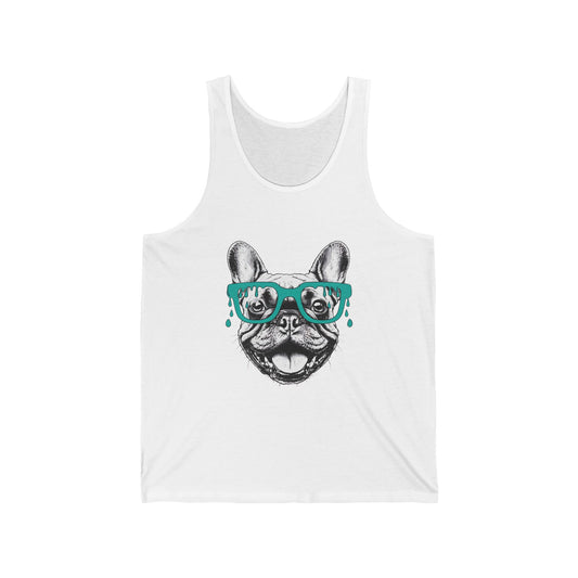 Funny Dog Tank Top with Glasses, Unisex Jersey Tank for Pet Lovers, Summer Beachwear, Gift for Dog Owners, Casual Wear